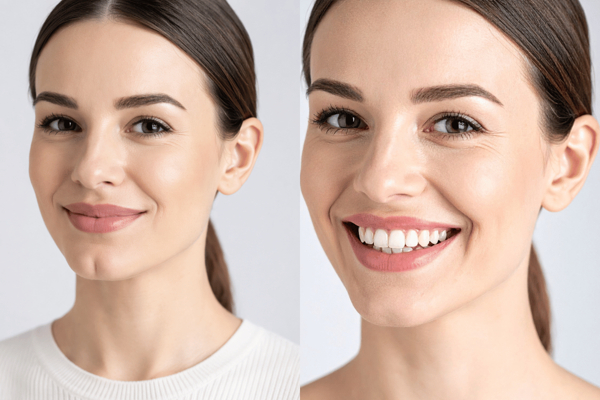 before and after chin filler for female patient showing cleft reduction