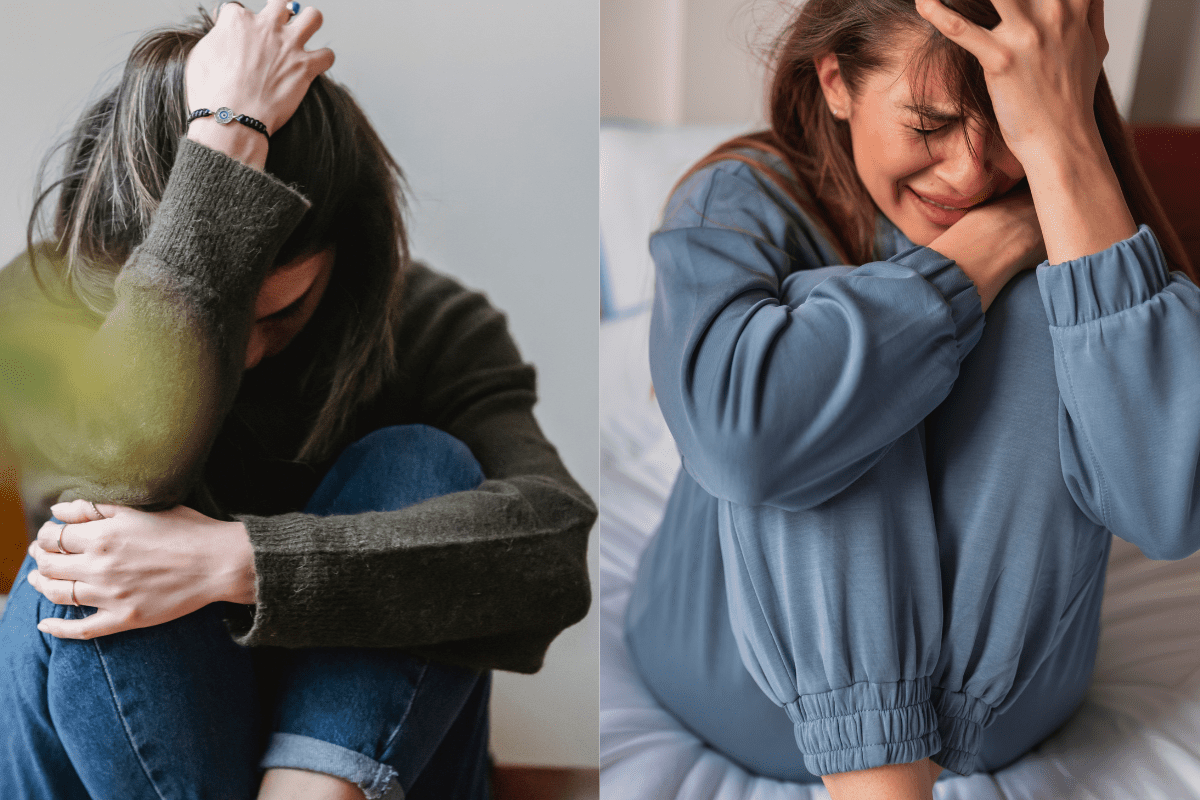 woman on left curled up in anxiety, woman on right having a panic attack